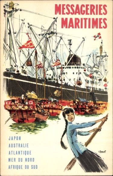 Kunstenaarskaart Messageries Maritimes, Japon, Australie, Alantique, passagiersstoomboten in Azië