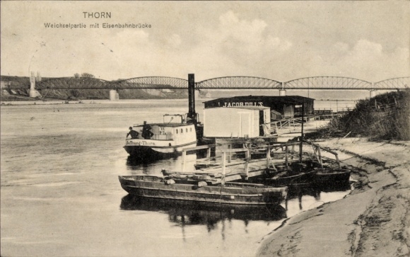 Ak Toruń Thorn Westpreußen, Weichselpartie, Eisenbahnbrücke, Schiffe, Hakenkreuz leider fehlen