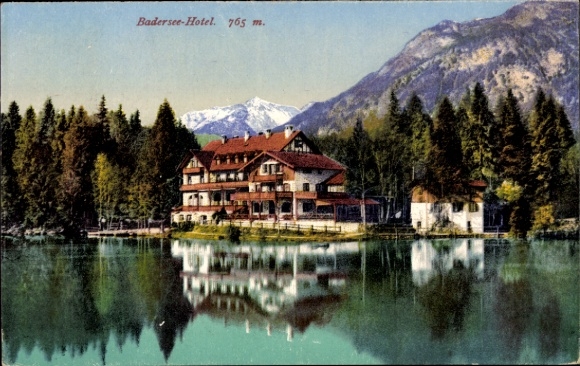 Postcard Grainau in Upper Bavaria, Badersee, Badersee Hotel, mountain landscape, forest, water reflection