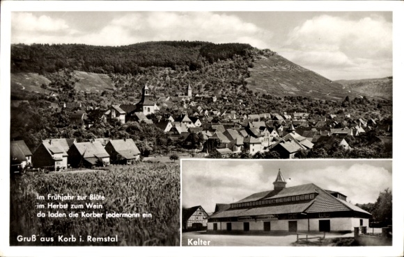 Ak Korb im Remstal Württemberg, Gesamtansicht, Kelter, Gedicht