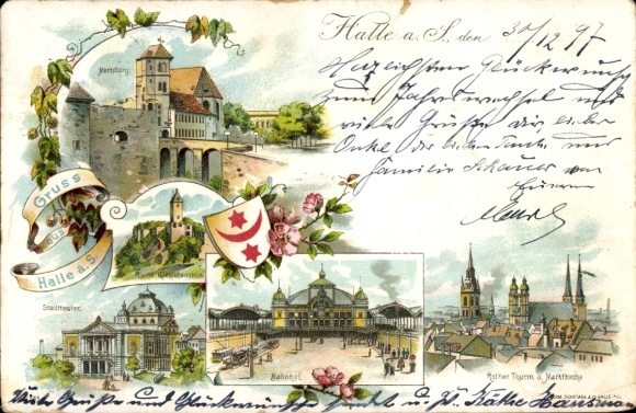 Litho Halle an der Saale, Moritzburg, Stadttheater, Bahnhof, Ruine Giebichenstein, Kirche, Wappen