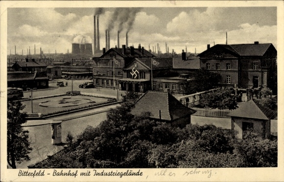 Postcard Bitterfeld in Saxony-Anhalt, train station, industrial area