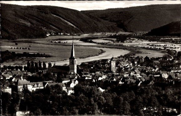 Postcard Lohr am Main Lower Franconia, view of Lohr, Spessart, church, river, mountains