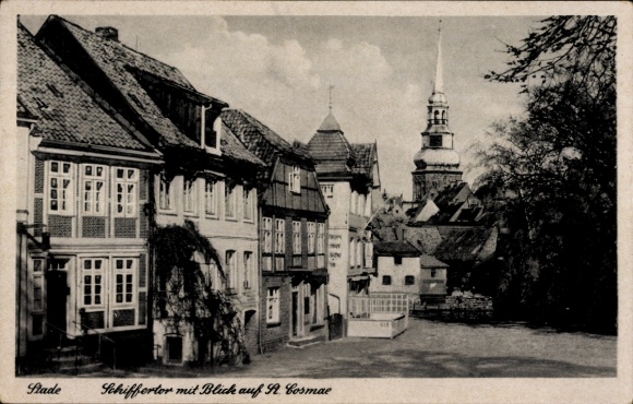Postcard Stade in Lower Saxony, Schiffertor with view of St. Cosmae