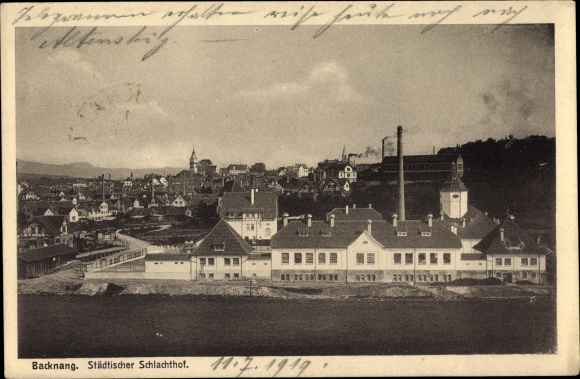 Postcard Backnang in Württemberg, view of the town with the municipal slaughterhouse