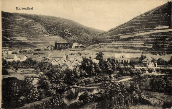 Postcard Marienthal Geisenheim am Rhein Hesse, landscape with vineyards, river and buildings