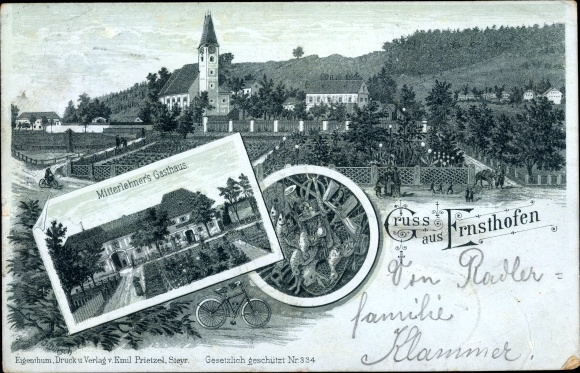 litho Ernsthofen in het Odenwald Modautal, Mitterlehner's herberg, uitzicht op de stad, kerk