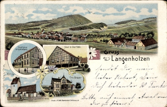 Chromo-Litho Langenholzen Alfeld an der Leine, general view, guest house, hall, garden
