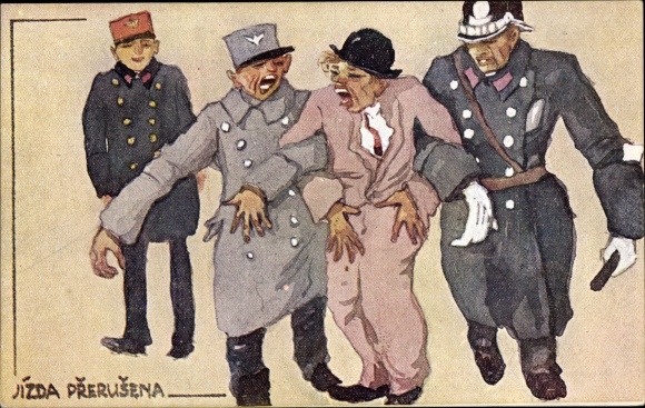 Artist Postcard Schrabal, E., Zeleznicari, Jizda Prerusena, Drunken man is led away