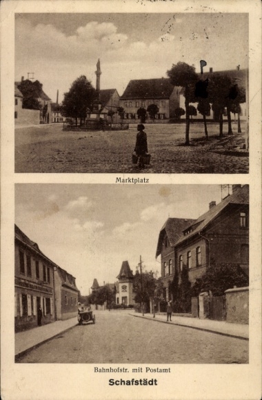 Ak Schafstädt Bad Lauchstädt Sachsen Anhalt, Marktplatz, Bahnhofstr. mit Postamt, Schafstädt