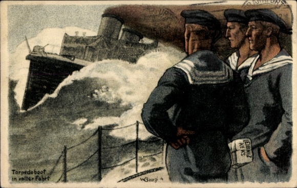 Artist Postcard Georgi, W., Torpedo boats at full speed, sailors, Leibniz Keks