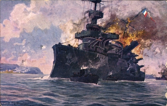 Künstler Ak Schulze, Hans Rudolf, Französisches Kriegsschiff, Panzerschiff Bouvet, Dardanellen
