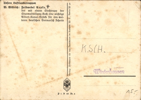 Artist Postcard Willrich, Wolfgang, Sergeant Helmut Arpke, airborne troops, Knight's Cross recipient, VDA