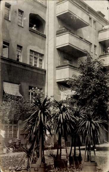 Foto Ak Berlin Treptow, Wohnhäuser, Balkone, Anwohner, Palmen in Kübeln