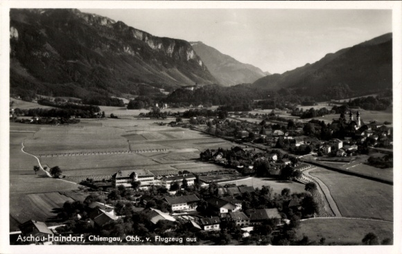 Postcard Aschau im Chiemgau Upper Bavaria, aerial view of Aschau-Haindorf, mountains in the background, green f