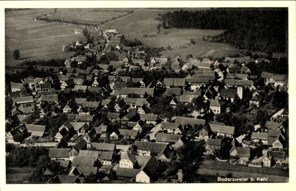 Postcard Bodersweier Kehl am Rhein, aerial view of the village, many houses, rural surroundings