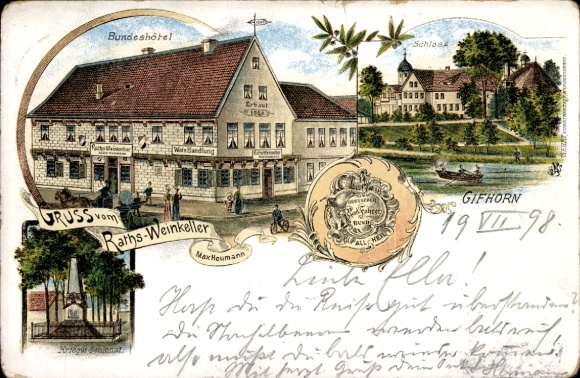 Chromo-Litho Gifhorn in Lower Saxony, Hotel Ratsweinkeller, Federal Hotel, Castle