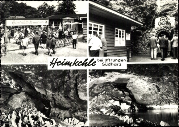 Postcard Uftrungen in the Harz, Heimkehle Cave, entrance to the restaurant, cave entrance, interior