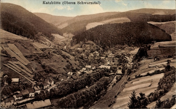 KP Katzhütte w Schwarzatal, panorama krajobrazu, budynek, teren leśny, nmotiv