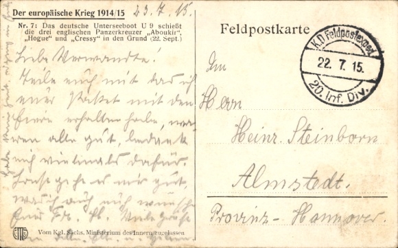 Artist Postcard Krause Wichmann, German submarine, SM U 9, Aboukir, Hogue, Cressy, I WK