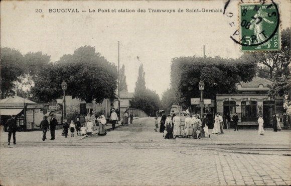 Postcard Bougival Yvelines, Le Pont and tram stop Saint Germain