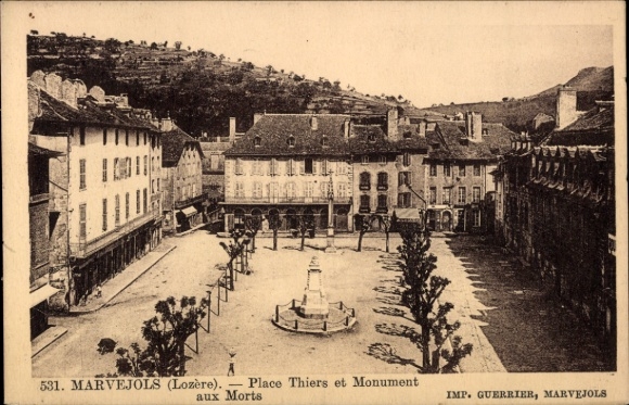 KP Marvejols Lozère, Place Thiers, pomnik, budynek, widok