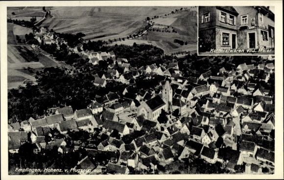 Ansichtkaart Empfingen in het Zwarte Woud, luchtfoto, koloniale goederen J. Maier