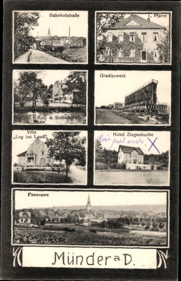 Postcard Bad Münder am Deister, Bahnhofstrasse, parish, graduation tower, Hotel Ziegenbuche, Villa Lug ins Land