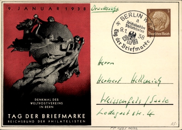 Ganzsachen Ak 9. Januar 1938, Tag der Briefmarke, Denkmal des Weltpostvereins