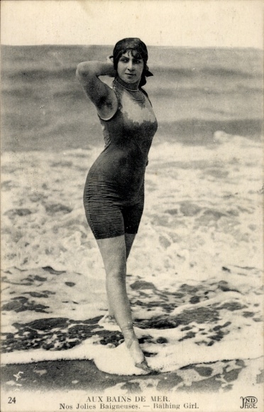 Postcard beach, woman in swimsuit, swimwear