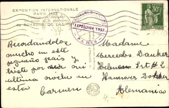 Postcard Paris, International Exhibition 1937, A group of the population of the Kingdom of Lilliput