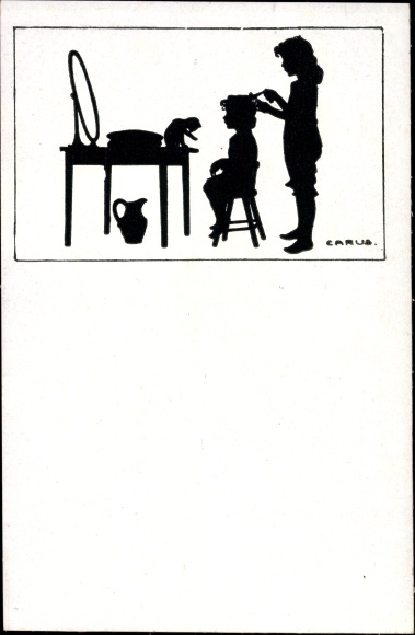 Paper cut artists Postcard Carus, girls hairstyled another, cat on the dressing table