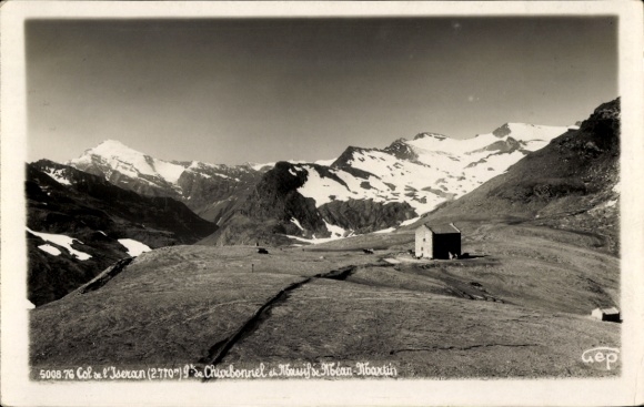 Postcard Col de l'Iseran, Charbonnel, massif, mountains, hut