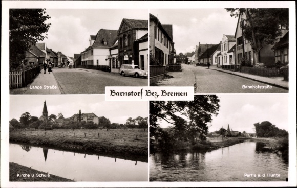 Ak Barnstorf in Niedersachsen, Lange Straße, Bahnhofstraße, Kirche, Schule, Huntepartie