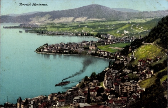 KP Territet Montreux Kanton Vaud, Territet - Widok na jezioro, parowiec, góry w tle
