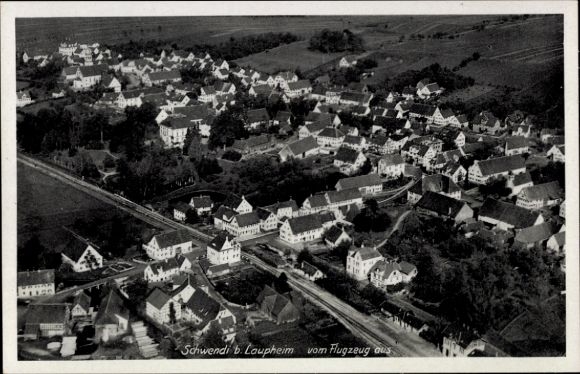 Postcard Schwendi in Upper Swabia, aerial view of a settlement, many houses