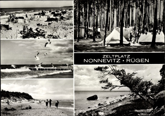 Postcard Nonnevitz Dranske on Rügen, campsite, forest, sea, beach, tents