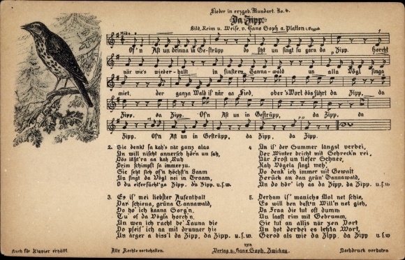Song Postcard Soph, Hans, Da Zipp, Ore Mountain dialect No. 4, Vogel