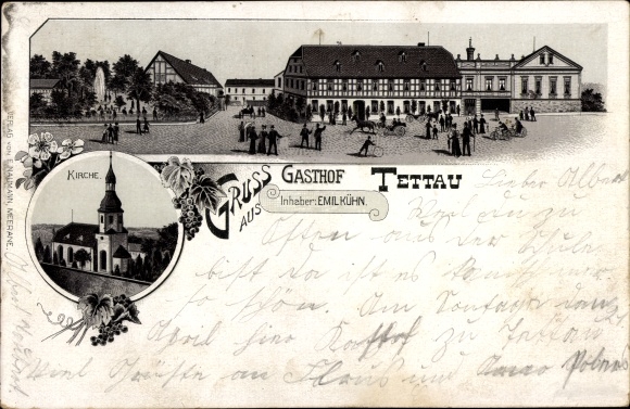 Chromo-Litho Tettau Schönberg in Saxony, Emil Kühn's inn, church