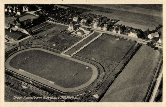 Postcard Glauchau in Saxony, aerial photograph, municipal arena