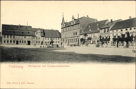 Postcard Frohburg in Saxony, market place with centaur fountain