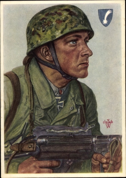 Artist PC Willrich, Wolfgang, Feldwebel Helmut Arpke, recipient of the Knight&#39;s Cross, machine gun, VDA