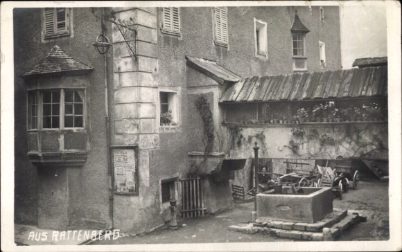 Postcard Rattenberg Aschau am Inn Upper Bavaria, historical buildings, fountain, cobbled street, quiet