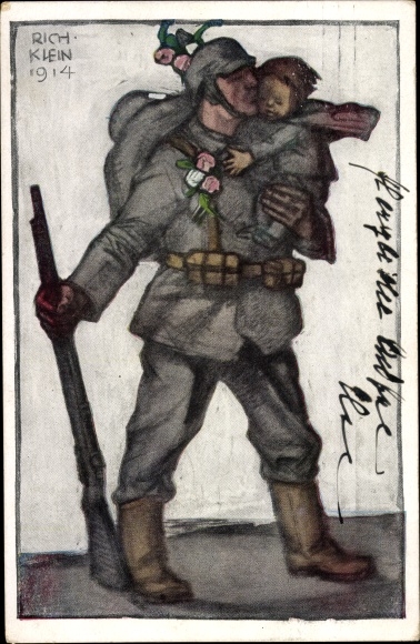 Artist PC Klein, Richard, soldier kisses a child, war departure