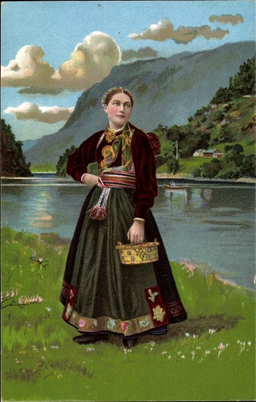 Postcard Woman in Danish Folk Costume, Basket, River