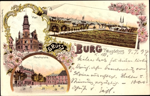 Chromo-Litho Burg near Magdeburg, post office, panorama of the village, parade ground