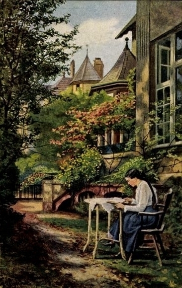 Artist Postcard Walge, H., Home garden, woman reading
