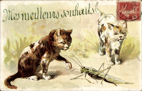 Artist Postcard Congratulations, Cats, Grasshoppers