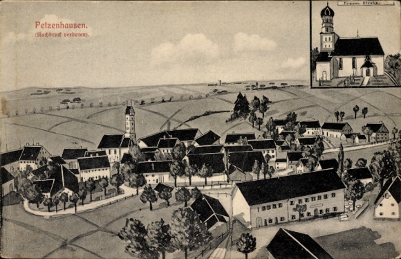 Artist Postcard Petzenhausen Weil in Oberbayern, general view, church