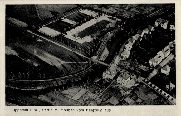 Postcard Lippstadt in Westphalia, bird's eye view of outdoor pool, residential buildings, rural area